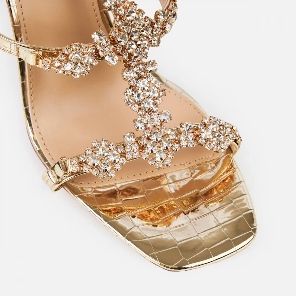 Gold Deluxe Croc Print Diamante Strap Heels - Picture 3 of 4